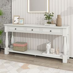 a white console table with two drawers and a mirror