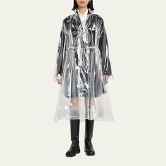 Paco Rabanne clear rain parka with grommet details at the collar and cuffs  Notched collar  Snap button front  Long sleeves  Drawstring hem  Knee length  A-line silhouette  Polyurethane Made in Morocco Modern Waterproof Raincoat For Spring, Modern Long Sleeve Raincoat For Spring, Rain Parka, Rain Coat, Paco Rabanne, Notched Collar, Rain Wear, Collar And Cuff, Bergdorf Goodman