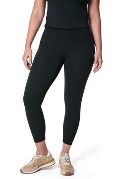 Hit the gym or run errands in sweat-wicking leggings that smooth with sculpting compression fabric featuring discreet drop-in pockets and a high waist. 22" inseam; 8" leg opening; 10 1/2" front rise; 13 1/2" back rise (size Medium)   91% recycled polyester, 9% spandex   Machine wash, tumble dry   Imported Functional Yoga Pants With Wide Waistband, Functional 4-way Stretch Leggings With Wide Waistband, Functional Compressive Yoga Pants With Wide Waistband, Compressive Functional Yoga Pants With Wide Waistband, Functional Activewear With Wide Waistband, Sporty Comfort Stretch Tights For Pilates, Compressive Functional Tights With Wide Waistband, Comfort Stretch Go-dry Tights For Workout, Sporty 4-way Stretch Leggings With Wide Waistband