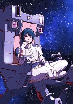 a woman sitting on top of a sci - fi vehicle in the space with stars behind her