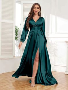 Gia Chic A-Line Pleated Long Sleeves Satin Formal Dresses Elegant A-line Satin Gown, Satin A-line Formal Gown, Elegant A-line Maxi Dress For Dinner, A-line Maxi Dress For Fall Dinner, Elegant Long Sleeve Gown For Prom Season, Elegant Long Sleeve Gown For Prom, Elegant Satin A-line Gown, Long Sleeve Evening Gown For Fall, Elegant Long Sleeve Prom Gown