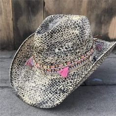 wickedafstore White  HEQ Mock-Snake Design Cowgirl Hat Trendy Flat Brim Sun Hat For Festival, Trendy Flat Brim Sun Hat For Rodeo, Adjustable Pink Straw Hat, Multicolor Brimmed Fedora For Rodeo, Multicolor Hat Bands For Beach In Spring, Multicolor Flat Brim Straw Hat For Rodeo, Spring Rodeo Wide Brim Hat, Trendy Brimmed Hats For Festivals, Trendy Brimmed Festival Hats