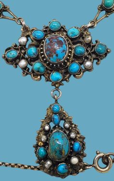 Turquoise Brooch For Formal Occasions, Elegant Turquoise Necklace With Large Pendant, Vintage Multi-stone Turquoise Jewelry, Vintage Turquoise Multi-stone Jewelry, Antique Blue Multi-stone Jewelry, Ornate Turquoise Jewelry For Collectors, Ornate Turquoise Jewelry For Wedding, Victorian Turquoise Jewelry For Formal Occasions, Antique Turquoise Pendant Necklace