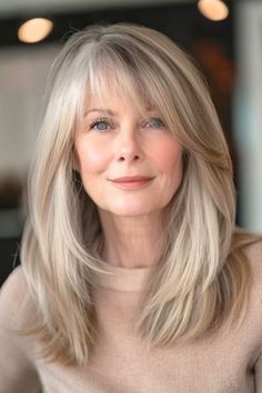 55 Plus Hairstyles, Middle Age Haircuts For Women, Hair With Wispy Bangs, Haircuts For Medium Length Hair, Hairstyles For Women Over 60, Bangs With Medium Hair, Haircuts For Medium Hair, Long Hair With Bangs, Chic Hairstyles