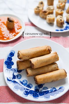 there are several different types of food on this plate and in the middle one is rolled up