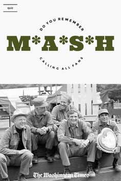 an advertisement for mash featuring four men sitting on the back of a pickup truck