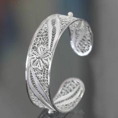 Bali 925 Silver Filigree Handmade Cuff Bracelet - White Jasmine | NOVICA Filigrana Jewelry, Womens Cuff Bracelets, Filigree Bracelet, Cuff Bracelets Handmade, Filigree Jewelry, White Lily, Fashion Jewelry Sets, Sterling Silver Filigree, Sterling Silver Cuff Bracelet