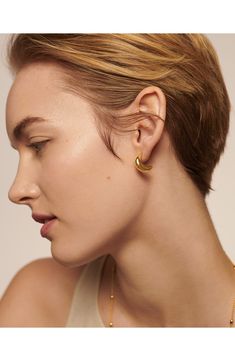 A half-hoop silhouette gives a classic look from the front and a modern crescent shape from the side of these 18-karat gold-vermeil hoops. Exclusive US retailer 3/4" drop; 1/4" width Post back Sterling silver/recycled 18k-gold plate Imported This brand is certified with the Butterfly Mark, which identifies luxury brands that adhere to social and environmental best practices This brand meets Nordstrom Responsible Brands criteria: brand adheres to responsible social and environmental practices Modern Gold Semi-circle Jewelry, Elegant Crescent Hoop Earrings For Everyday, Minimalist Crescent Hoop Earrings, Everyday Gold Crescent Hoop Earrings, Gold Crescent Hoop Earrings For Everyday, Gold Crescent Huggie Earrings, Gold Crescent Huggie Earrings For Gift, Elegant Crescent Hoop Earrings, Elegant Gold Half Moon Hoop Earrings