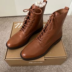 Madewell Evelyn Tie Up Ankle Boots In A Size 9.5 M. Dried Maple Color- A Beautiful Warm Brown. Genuine Leather. Brand New With Box, Originally $158. Brown Ankle-high Martin Boots For Work, Brown Lace-up Martin Boots For Work, Flat Heel Lace-up Boots For Workwear, Flat Heel Lace-up Boots For Fall Workwear, Lace-up Flat Heel Boots For Fall Workwear, Fall Workwear Lace-up Boots With Flat Heel, Pointed Toe Lace-up Boots For Fall Workwear, Fall Lace-up Boots With Pointed Toe For Workwear, Fall Workwear Lace-up Boots With Pointed Toe