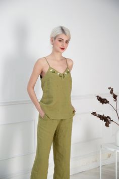 "Women Linen Pyjama Set, Linen Night Wear With Hand Embroidery, Washed Linen Loungeware, Green linen pyjama set, Flax Bridesmaids pyjama A handmade pajama top for women, made from the highest quality linen, with handmade embroidery on the collar, giving it such a lovely and unique look. The pajamas are modestly woven to offer discreet comfort.  This set of ocean mist loungewear is made from comfortable, breathable washed linen, meaning they are durable and get softer after every wash. The set in Casual Pyjamas, Linen Pyjamas, Bridesmaid Pyjamas, Linen Pajamas, Ocean Mist, Cozy Tops, Womens Camisoles, Special Dresses, Pajama Robe