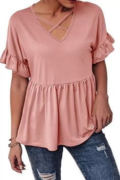 New Hot Selling V-Neck Ruffle Short Sleeve Loose Casual Top T-Shirt #cuteshirts #shirtscute #tshirtstyles Fall V-neck Top With Ruffle Hem, Summer Solid Color Tops With Ruffle Sleeves, Summer Tops With Ruffle Sleeves In Solid Color, Summer Ruffle Sleeve Tops In Solid Colors, Solid Color Ruffle Sleeve Tops For Spring, Spring Ruffle Sleeve Tops In Solid Color, Fall Ruffled Short Sleeve Tops, Solid Color Ruffled Short Sleeve Tops, Solid Color Flutter Sleeve Tops For Fall