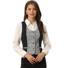 The plaid vest with U-Neck detail is a great choice for women who want to add some chic and elegance to their wardrobe. This vest is cut well to fit the female form perfectly, making it very flattering and comfortable to wear. The vintage waistcoat can be worn buttoned for formal occasions, or left undone for a casual vintage look, making it a versatile piece. This suit vest is a chic and elegant style that can be worn alone or over a shirt or under a suit blazer, adding sophistication to any ou Fall Business Casual Vest With Buttons, Sleeveless Vest For Office Wear In Fall, Fall Office Vest With Button Closure, Elegant Fall Sweater Vest With Buttons, Plaid Sleeveless Vest For Work, Fall Workwear Sweater Vest With Buttons, Chic Buttoned Sweater Vest For Work, Womens Tailored Suit, Vintage Waistcoat