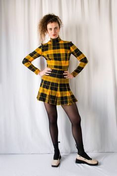 1980s Plein Sud Yellow & Black Tartan Wool Set Bodysuit and Skirt // 80s Punk Cheerleader High Neck Body With Pleated Mini Skirt - Etsy Fitted Punk Mini Dress For Fall, Punk Style Fitted Mini Dress For Fall, Retro Fitted Mini Dress For Fall, Fitted Retro Mini Dress For Fall, Retro Pleated Mini Skirt, Fitted Plaid Vintage Mini Dress, Fitted Vintage Plaid Mini Dress, Yellow Tartan Skirt, Punk Pleated Mini Skirt