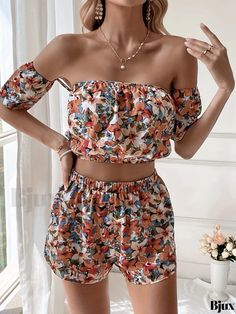 Bjux - Chic Floral Print Vacation Ensemble: Off-Shoulder Short Sleeve Crop Top and Elastic-Waist Shorts Set for Womens Fashion Off-shoulder Beach Sets For Spring, Casual Off-shoulder Sets, Off-shoulder Summer Vacation Sets, Summer Off-shoulder Vacation Sets, Strapless Summer Beach Sets, Strapless Beach Sets For Summer, Casual Bandeau Sets For Summer, Casual Bandeau Sets For Spring, Elastic Waist Shorts Outfit