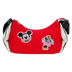 On the front of this baguette-style bag, embroidered patches of Disney’s Mickey Mouse and Minnie Mouse appear on a bright corduroy field of red. On both sides of the bag, puffed applique Mickey Mouse gloved hands do a little light lifting as they clutch the sides of the bag to “lend a hand.” On the back, the Disney100 logo appears as an embroidered patch. Even the nylon strap includes a motif of the gloved hands and Mickey Mouse’s face. Dimensions: 10”W x 7”H x 2”D Material: Faux leather (polyur Mickey Mouse Hands, Mickey Mouse Gloves, Loungefly Purse, Mickey Hands, Catalog Bag, Cosmetic Bag Set, Disney 100, Convertible Crossbody Bag, Loungefly Bag