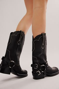 Jeffrey Campbell x FP x Understated Leather Motoboy Boots Country Outfitter Boots, Cowboy Embroidery, Black Cowgirl Boots, Upcoming Fashion Trends, Black Leather Cowboy Boots, Free People Boots, Boot Chains, Cowboy Shoes, Black Vegan