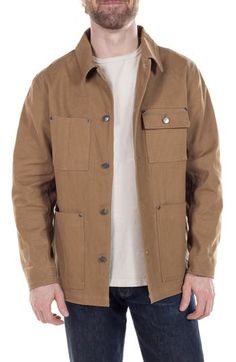 This durable cotton canvas jacket features four front pockets and an interior pocket so you can hold all the essentials close while keeping your hands free. 30" length (size Medium) Spread collar Long sleeves with button cuffs 100% cotton Machine wash, line dry Imported Canvas Jacket, Mens Outerwear, Hands Free, Outerwear Jackets, Military Jacket, Cotton Canvas, Coats Jackets, Nordstrom, Long Sleeves