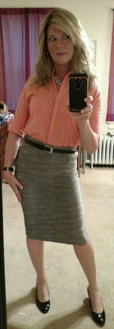 Coral pink and gray pencil skirt Gray Pencil Skirt, Grey Pencil Skirt, Pink And Gray, Coral Pink, Pink Grey, Pencil Skirt, Cool Outfits, Coral