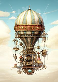 an image of a hot air balloon floating in the sky with steampunks on it