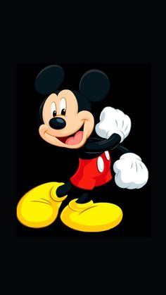 the mickey mouse is smiling and waving his arms in front of a black background with yellow circles