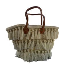 Experience the perfect blend of traditional craftsmanship and contemporary style with our handcrafted Moroccan raffia bag. This stunning piece features intricate woven patterns and eye-catching fringes that showcase the exceptional skill of Moroccan artisans. Adorned with three layers of elegant fringes, it adds a playful yet sophisticated touch to any outfit. The durable leather handles ensure comfortable carrying, making it ideal for both daily use and special occasions. Each bag is a unique c Bohemian Beige Beach Bag With Braided Handles, Beach Shoulder Bag With Tassels, Rectangular Shape, Bohemian Bucket Bag With Tassels For Beach, Beige Tassel Beach Bag, Beige Tassel Bag For Beach, Beige Tassel Bag For The Beach, Vacation Fringe Tote Bag, Vacation Fringe Tote Shoulder Bag, Bohemian Crochet Bag With Fringe For Travel