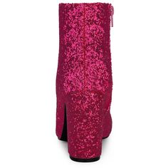 These stylish boots are made of a material that will be a big hit. They have an elasticated side zipper, sequin upper, and high-block heels for an added touch of style. They are great for parties, clubs, dating, daily, and going out. These boots are eye-catching, so just pair them with your skirts or skinny jeans to create a stylish, fashionable look. Trendy Sequined Boots For Fall, High Heel Sequin Boots For Party Season, Sequined High Heel Boots For Party Season, Glamorous Winter Boots With Sequins, Pink Block Heel Boots For Party, High Heel Sequined Winter Boots, Party Heeled Boots With Zipper Closure, Trendy Pink Boots For Party Season, Party Ankle Boots With Zipper Closure