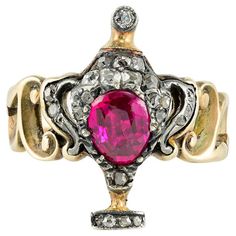 Georgian Natural Ruby Diamond Rare Urn Ring | From a unique collection of vintage Cluster Rings at https://www.1stdibs.com/jewelry/rings/cluster-rings/. Urn Ring, Ruby Jewelry Ring, Regency Jewelry, Vintage Cluster Ring, Georgian Jewelry, Scroll Work, Ruby Jewelry, Ruby Diamond, Jewelry Ring