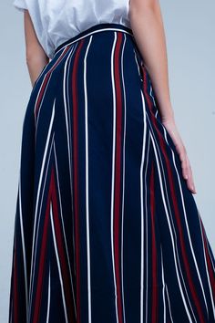 Navy blue and striped mid length skirt. Softest material. Very comfortable wear. Perfect for casual days. 100% Polyester Mid Length Skirt, Fearless Women, Striped Midi Skirt, Mid Length Skirts, Blue China, Online Fashion Boutique, The Navy, Skirts For Sale, Hat Hairstyles