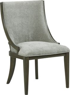 a gray upholstered chair with an oval back and wooden legs, on a white background