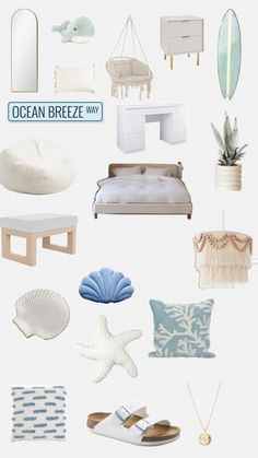 the ocean breeze way is filled with white furniture and accessories, including a bed, dresser,