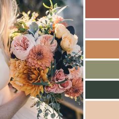 a woman holding a bouquet of flowers in front of a color swatch with the same colors