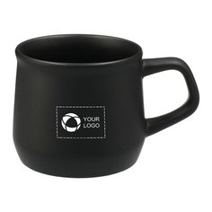 a black mug with a white logo on it