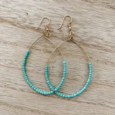 Turquoise Beaded Teardrop Hoop Earrings, Turquoise Wire Wrapped Beaded Earrings, Bohemian Wire Wrapped Beaded Earrings For Everyday, Bohemian Beaded Hoop Earrings For Everyday, Everyday Bohemian Beaded Hoop Earrings, Bohemian Beaded Turquoise Teardrop Earrings, Bohemian Turquoise Beaded Teardrop Earrings, Everyday Turquoise Beaded Earrings, Bridesmaid Gifts Earrings