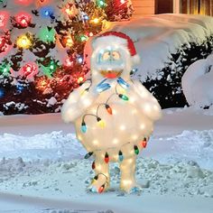 a christmas decoration is shown in front of a tree with lights and decorations on it