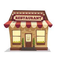 a restaurant building with red awnings on the front and windows royalty - art illustration