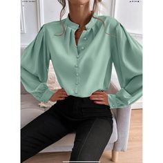 Nwt-Unity Bishop Sleeve Button Up Blouse Green Button Closure Blouse For Office, Green Office Blouse With Button Closure, Green Button-up Blouse For Office, Solid Tops With Button Closure For Work, Green Office Tops With Button Closure, Office Wear Tops With Button Closure, Green Office Blouse With Button Cuffs, Green Blouse With Button Cuffs For Office, Trendy Office Wear Tops With Buttons