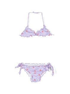 purple/white stretch-design vertical stripe print starfish print ruched detailing ruffled detailing triangle cup halterneck adjustable strap to the rear full lining clasp fastening side-tie bottoms Be mindful to try on swimwear over your own garments.