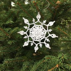 a crocheted snowflake ornament hanging from a pine tree