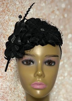 Black Flower Fascinator Half Hat, Weddings, Church, Tea Parties, Mother's Day, mother of the Bride or Groom, and other Special Occasions  Accented with veil netting, feather stem, hat pin, and faux pearls. Black flower petals with rhinestone center. Beautiful handmade hat. Available in 2 sizes: 8 X 5.5 inches  10 X 7 inches Mannequin is wearing the 8 by 5.5 inches. SHIPPING  All items for free shipping will be shipped via USPS FIRST CLASS MAIL. Gifts for mom, sister, wife, or yourself. Black Hat-style Headpieces For Wedding, Black Hat Headpiece For Wedding, Black Hat Style Headpieces For Wedding, Black Headband For Wedding Or Kentucky Derby, Black Headband For Wedding At Kentucky Derby, Black Headband For Kentucky Derby Wedding, Black Wedding Headband For Kentucky Derby, Evening Fascinator With Handmade Flowers And Adjustable Fit, Handmade Flowers Adjustable Fascinator For Evening