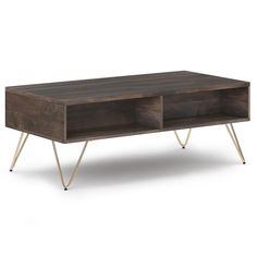 a coffee table with two open compartments on one side and metal legs on the other