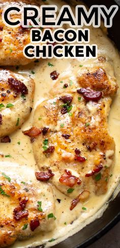 creamy bacon chicken in a skillet with gravy