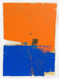 an orange and blue painting on white paper