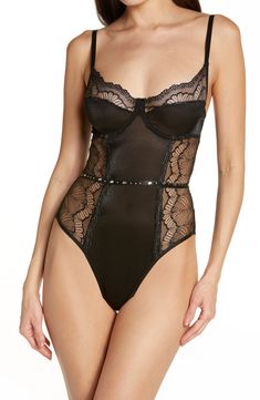 Playful, elegant and sultry all at once, this lace-trimmed teddy made with stunning jewels features a shapely silhouette and supportive underwire cups. 80% nylon, 20% elastane Hand wash, dry flat Imported Elegant Evening Bodysuit With Lace Closure, Elegant Underbust Bodysuit With Lined Body, Elegant Evening Nylon Bodysuit, Stretch Delicate Lace Bodysuit For Party, Elegant Evening Bodysuit, Elegant Stretch Bodysuit With Delicate Lace, Lace Stretch Bodysuit With Underwire, Elegant Underwire Bodysuit With Lace Trim, Elegant Nylon Bodysuit For Night Out