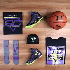 various sports items laid out on a wooden floor