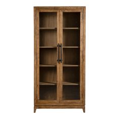 a wooden bookcase with glass doors on the front