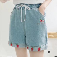 Cute Strawberry Embroidery Denim Shorts Jeans – Nada Outfit Land Trendy Summer Cotton Jeans, Casual Embroidered Relaxed Fit Jeans, High Waist Cotton Summer Jeans, High Waist Cotton Jeans For Summer, Cute Denim Blue Cotton Shorts, Embroidered Denim Blue Casual Bottoms, Casual Embroidered Denim Blue Bottoms, Summer High Waist Cotton Jeans, Medium Wash Cotton Bottoms For Summer