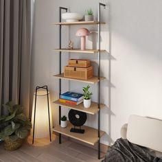 a shelf with books, plants and other things on it next to a lamp in a room