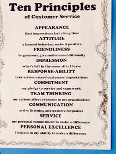 the ten principals of customer service are displayed on a blue board with white writing and black lettering