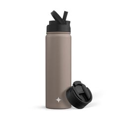 a stainless steel water bottle with an open lid and two black straws sticking out of it