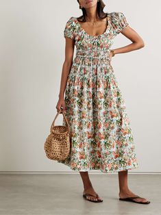 DÔEN Leanne shirred floral-print cotton-voile midi dress Garden Party Event, Garden Party Outfit, Party Edit, Designer Pieces, Floral Dresses, Blue Midi Dress, Cotton Voile, Clothes Collection, Everyday Wardrobe